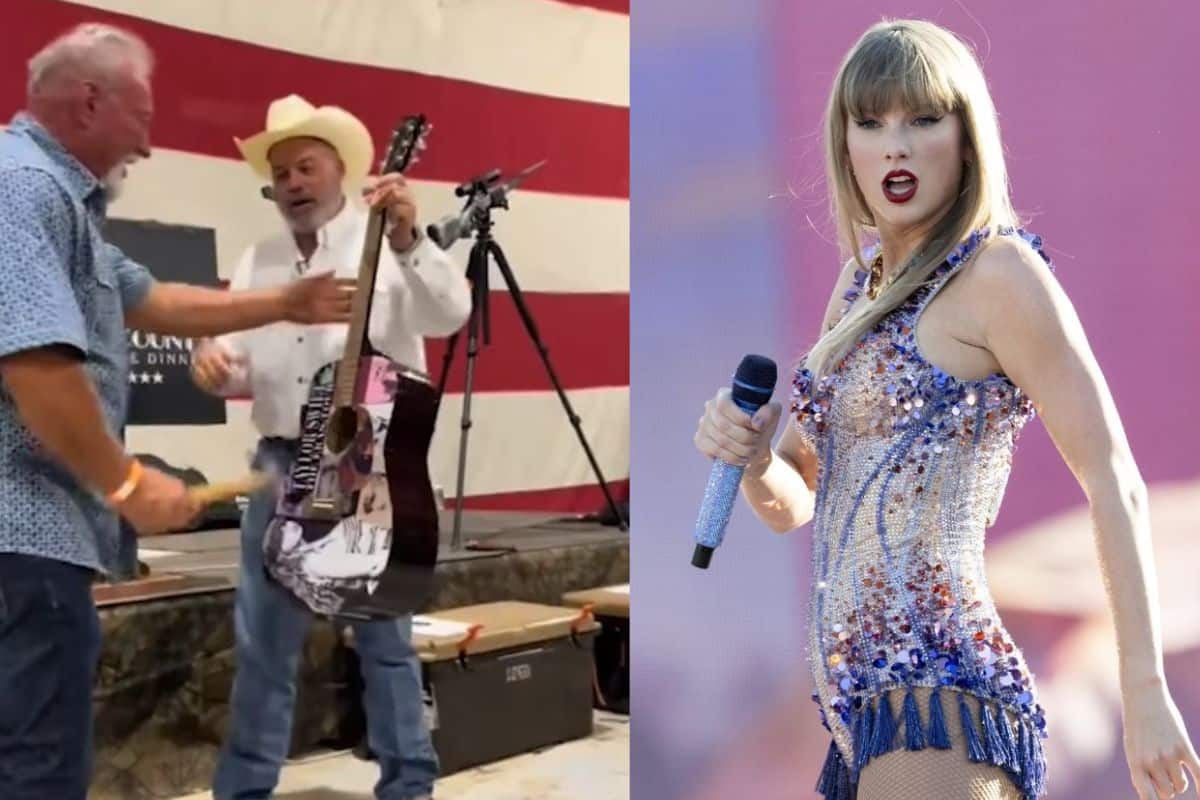 a sinistra screen dell'uomo che distrugge la chitarra a destra taylor swift screen eras tour