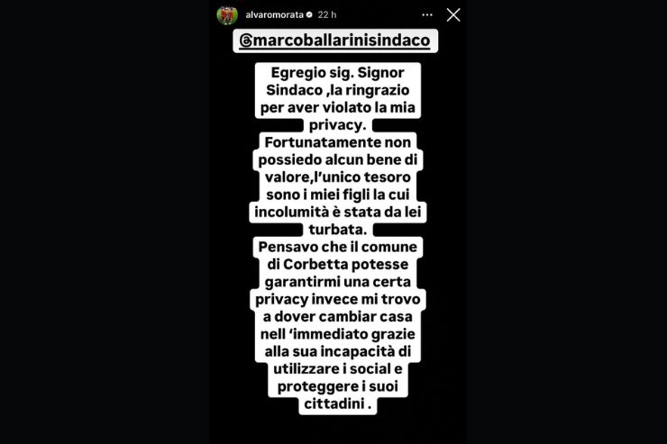 Screen storia Instagram Morata in risposta al sindaco di Corbello